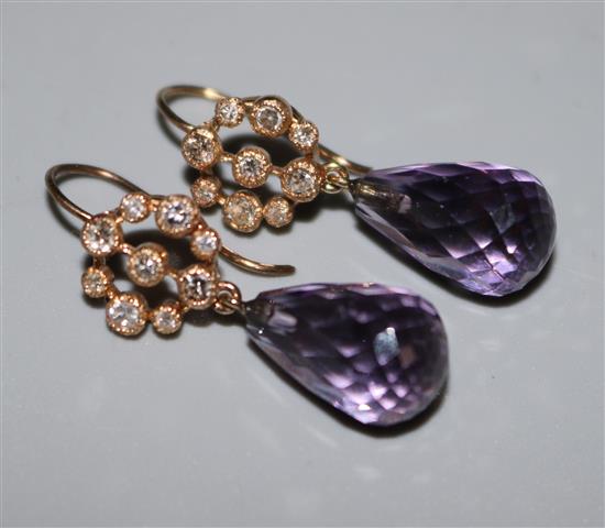 A pair of amethyst and diamond set drop earrings, 1in.